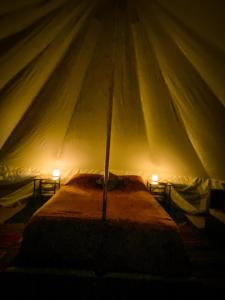 een bed in een tent met twee lichten erop bij Glamping in the Redwoods in Garberville