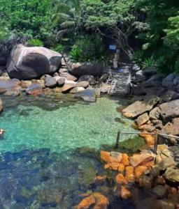 una corriente de agua con rocas y una escalera en ella en Casa 62 Ilhabela, en Ilhabela