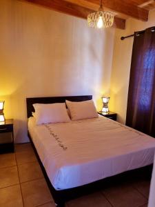 1 cama grande en una habitación con 2 lámparas en Cabañas Antay, antes Casa Kirckir, en San Pedro de Atacama