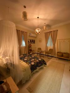 a bedroom with a bed with a mosquito net at Bohemian style in Abha