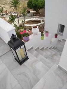 a lamp sitting on top of a staircase with potted plants at Kiki's apartment huge balcony dream in Chrissi Akti