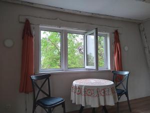 Уютный ночлег Иссыкские курганы في Rakhat: طاولة وكرسيين في غرفة بها نافذتين