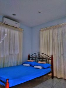 a bedroom with a bed with blue sheets and curtains at D downhill'Place in Oslob