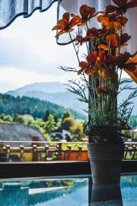 eine Vase mit Blumen auf einem Fensterbrett in der Unterkunft Apartmaji Krebs in Mežica