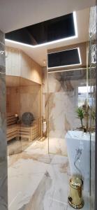 een badkamer met een toilet en een glazen wand bij Apartament w Tucholi in Tuchola