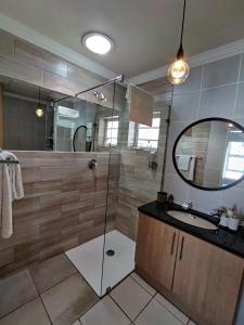 uma casa de banho com um chuveiro, um lavatório e um espelho. em 19 Malachite Mews em Knysna