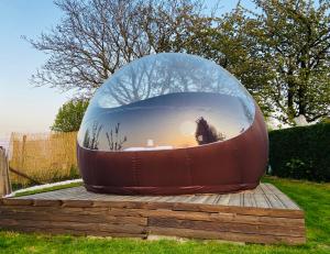a large glass dome sitting on top of a wooden table at Bulle d Evasion Silly près de Pairi Daiza in Silly