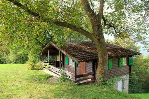 ein kleines Haus auf einem Feld neben einem Baum in der Unterkunft Aussersalfner Hütte in Schenna