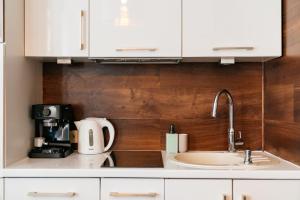 kuchnia ze zlewem i ekspresem do kawy w obiekcie Honey Apartment - LoftAffair w Krakowie +37 zdjęć