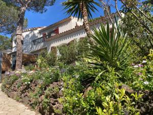 un jardin avec des fleurs en face d'une maison dans l'établissement Maison d'hôtes naturiste Villa PaulAna, au Cap d'Agde