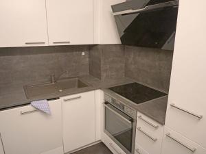 uma cozinha com armários brancos e um lavatório em Apartment Birkenwald-9 by Interhome em Seefeld no Tirol