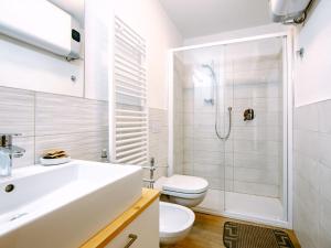 een badkamer met een wastafel, een toilet en een douche bij Apartment Ciampac by Interhome in Alba di Canazei