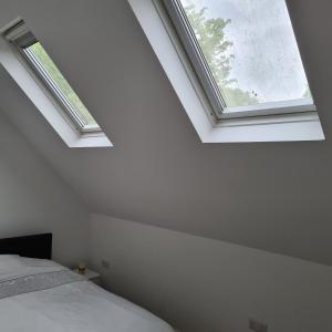 a bedroom with two skylights and a bed at 2-Bed Loft Apartment for 5ppl with private parking in Beckenham