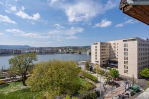 ブダペストにあるBpR Stollár Apartment, Danube Viewの建物のある街の川の眺め