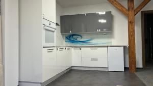 kuchnia z białymi szafkami i obrazem na ścianie w obiekcie Apartman Centrum 402 w Uściu nad Łabą