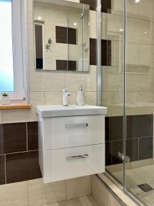 a bathroom with a white sink and a shower at MK Hornik Apartament in Kowary