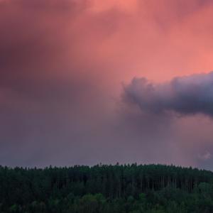 a cloudy sky over a forest of trees at sunset at Sudety Resort Dom z widokiem na Góry in Szczytna