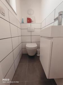 een witte badkamer met een toilet en een wastafel bij Vakantiewoning Polderhuis 10, airco en verwarming in alle kamers, privé parkeerplaats en afgesloten tuin in Koksijde +24 foto's