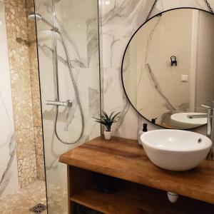 La salle de bains est pourvue d'un lavabo et d'une douche avec un miroir. dans l'établissement Joli T4 rénové climatisé entre St Charles/le Vieux-port, à Marseille