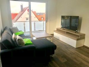 a living room with a couch and a flat screen tv at 4 * Wohnung SPA Whirlpool & Sauna in Seenähe in Ramsberg