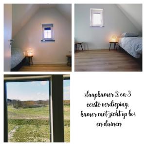 een collage van foto's van een kamer met een bed en een raam bij Grindweg 4A in Westkapelle