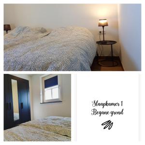 dwa zdjęcia sypialni z łóżkiem i lampą w obiekcie Grindweg 4A w mieście Westkapelle