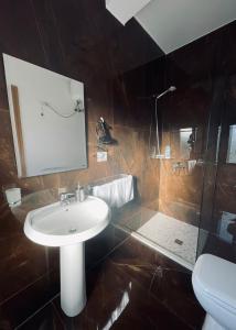a bathroom with a sink and a shower at Garden Boutique Hotel in Elbasan