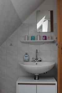 ein Bad mit einem Waschbecken und einem Spiegel in der Unterkunft Ferienhof am Watt in Tönning