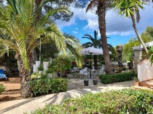 a patio with palm trees and tables and chairs at Hostal Residencia Alma in Port d'Alcudia