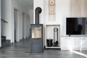 TV a/nebo společenská místnost v ubytování Ferienhaus Seebrise am Harkebrügger See mit Sauna und Kamin