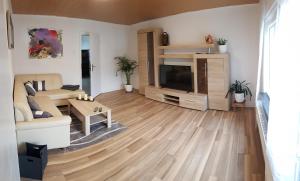 uma sala de estar com um sofá e uma televisão em Ferienwohnung an der Schelde em Dillenburg