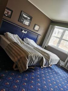 Grong的住宿－Grong Hotell，一间卧室配有一张大床,铺有蓝色地毯