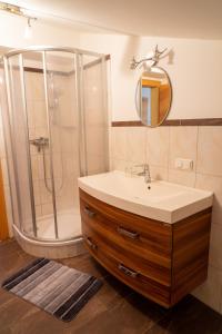 y baño con lavabo y ducha con espejo. en Appartement Höllwarthof, en Goldegg