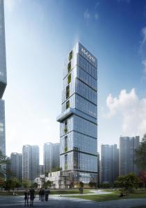 wysoki szklany budynek z ludźmi idącymi przed nim w obiekcie Ascott Qinhuang Chengdu w mieście Chengdu