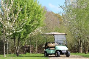 a green golf cart parked on a dirt road at Pinkmead Estate and Vineyard in Osborne
