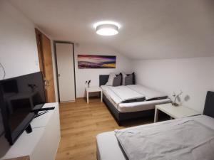 a bedroom with two beds and a tv in it at Das K - dei "Hoamatl" im Ötztal in Oetz