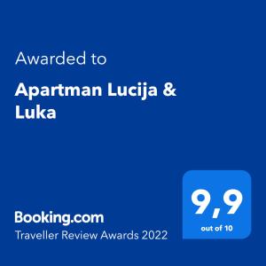 Ein Zertifikat, Auszeichnung, Logo oder anderes Dokument, das in der Unterkunft Apartman Lucija & Luka ausgestellt ist
