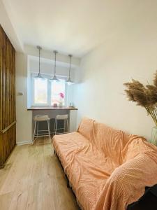 a living room with a couch and a table and a window at 1Bed Flat Central Bucharest in Bucharest