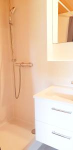 W łazience znajduje się prysznic i biała umywalka. w obiekcie Strandhafer w mieście Hörnum