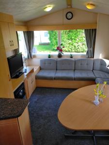 Lily Jo caravan Skipsea Sands at Parkdean Resort في سكيبسيا: غرفة معيشة مع أريكة وطاولة