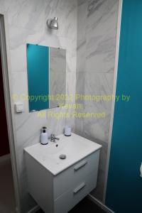 ein Badezimmer mit einem weißen Waschbecken und einem Spiegel in der Unterkunft Les Chats Noirs in Pré-en-Pail