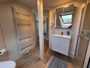 ein Bad mit einem Waschbecken und einem Spiegel in der Unterkunft Schwalehof Gästewohnungen in Bönebüttel