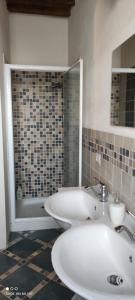 a bathroom with a white sink and a shower at La casina di Helen in Montalcino