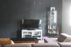 sala de estar con TV de pantalla plana en la pared en Tximeleta Bidean, en Arzúa