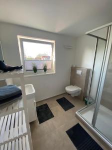a small bathroom with a toilet and a window at Ferienhaus Wesloer Landstraße 6a für 4 Personen in Lübeck +21 photos