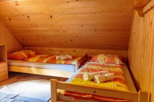 Koprivnik v BohinjuにあるHoliday house Pokljuka - Bohinjのベッド2台 木製の壁の部屋