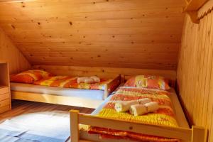 two beds in a room with wooden walls at Holiday house Pokljuka - Bohinj in Koprivnik v Bohinju