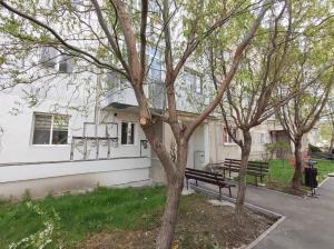 a park bench in front of a white building at Nelly's Home in Pucioasa +3 photos