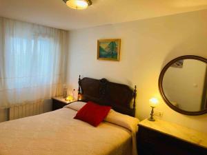 a bedroom with a bed with a red pillow and a mirror at Alojamiento rural Los Pérez Lucainena de las Torres in Lucainena de las Torres