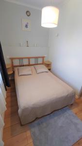 ein Schlafzimmer mit einem Bett mit einer Lampe an der Wand in der Unterkunft Apartament Amber in Sopot